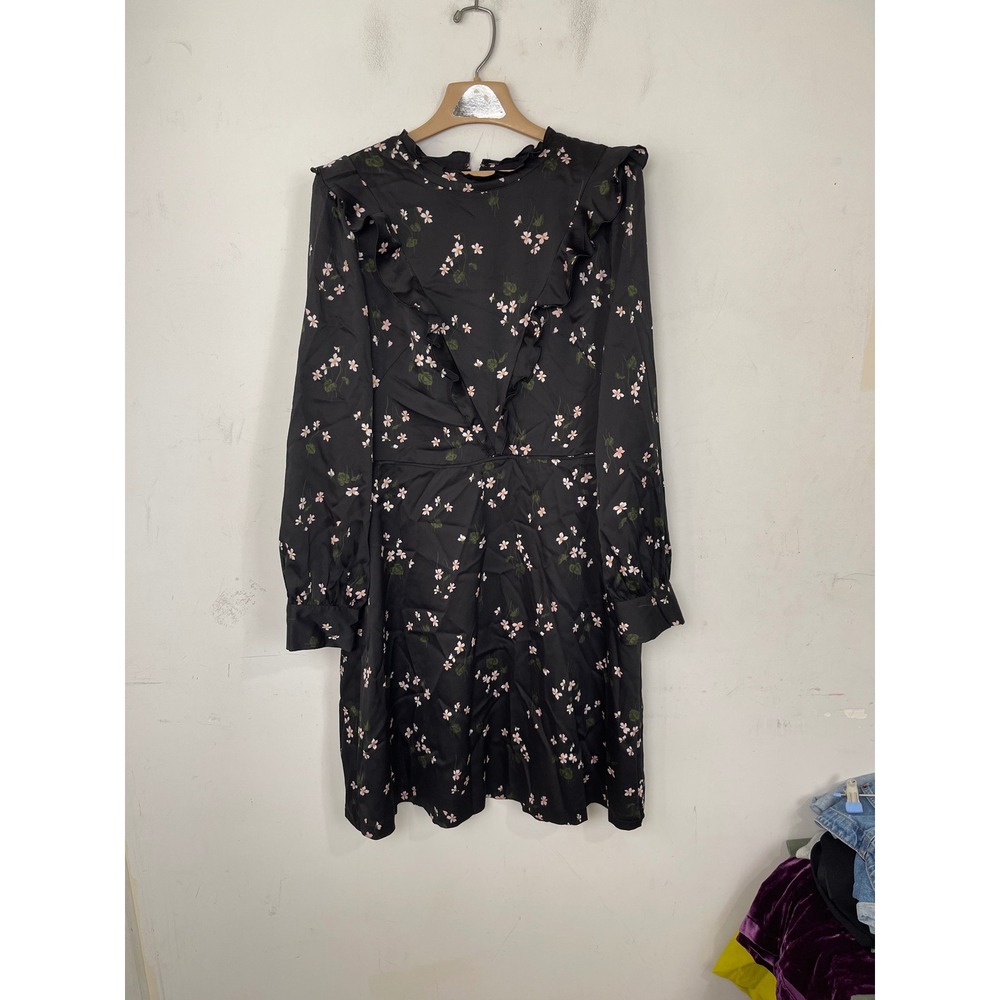 Ann Taylor Black Floral Ruffle V-Neck Long Sleeve Mini Dress 10T Tall
